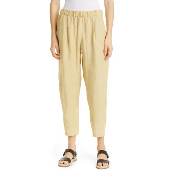 Eileen Fisher Crop Linen Lantern Pants L Butter Yellow Pull On Lightweight Woven - Picture 1 of 6